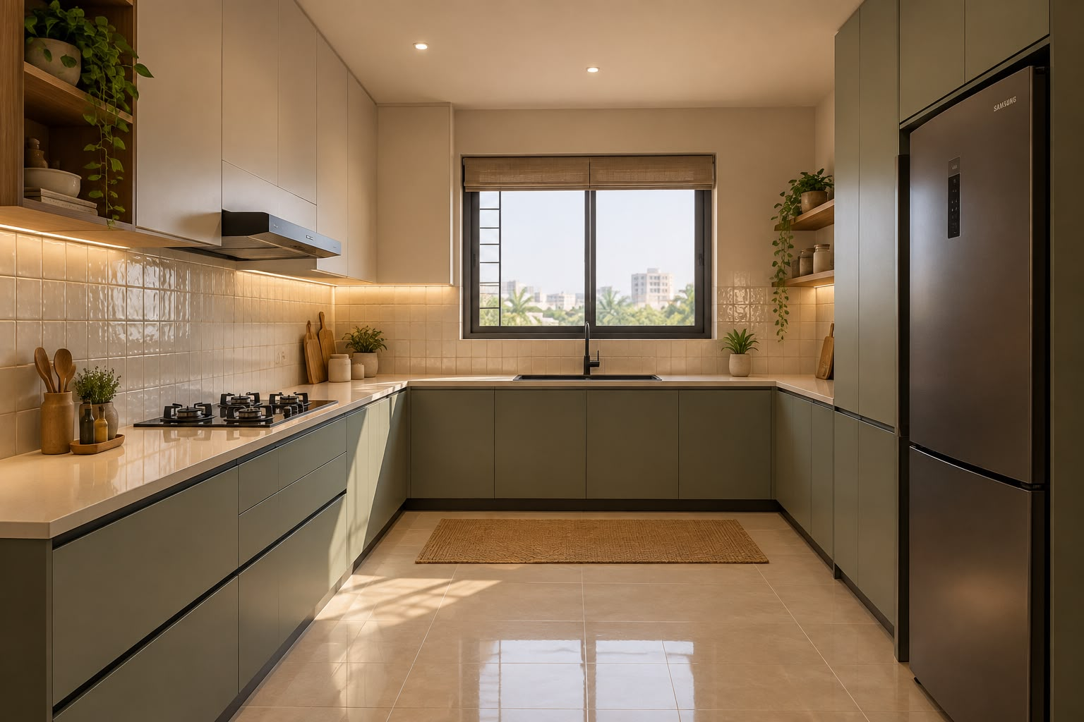 AI kitchen with sage cabinets and tiled backsplash