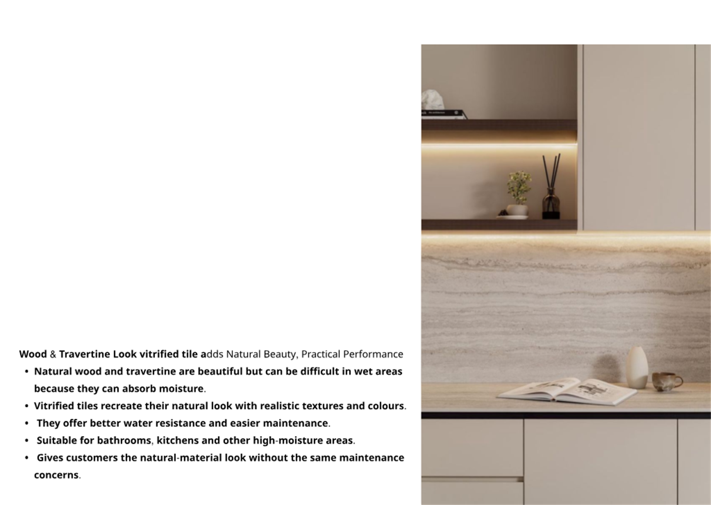 Wood and travertine look vitrified tiles