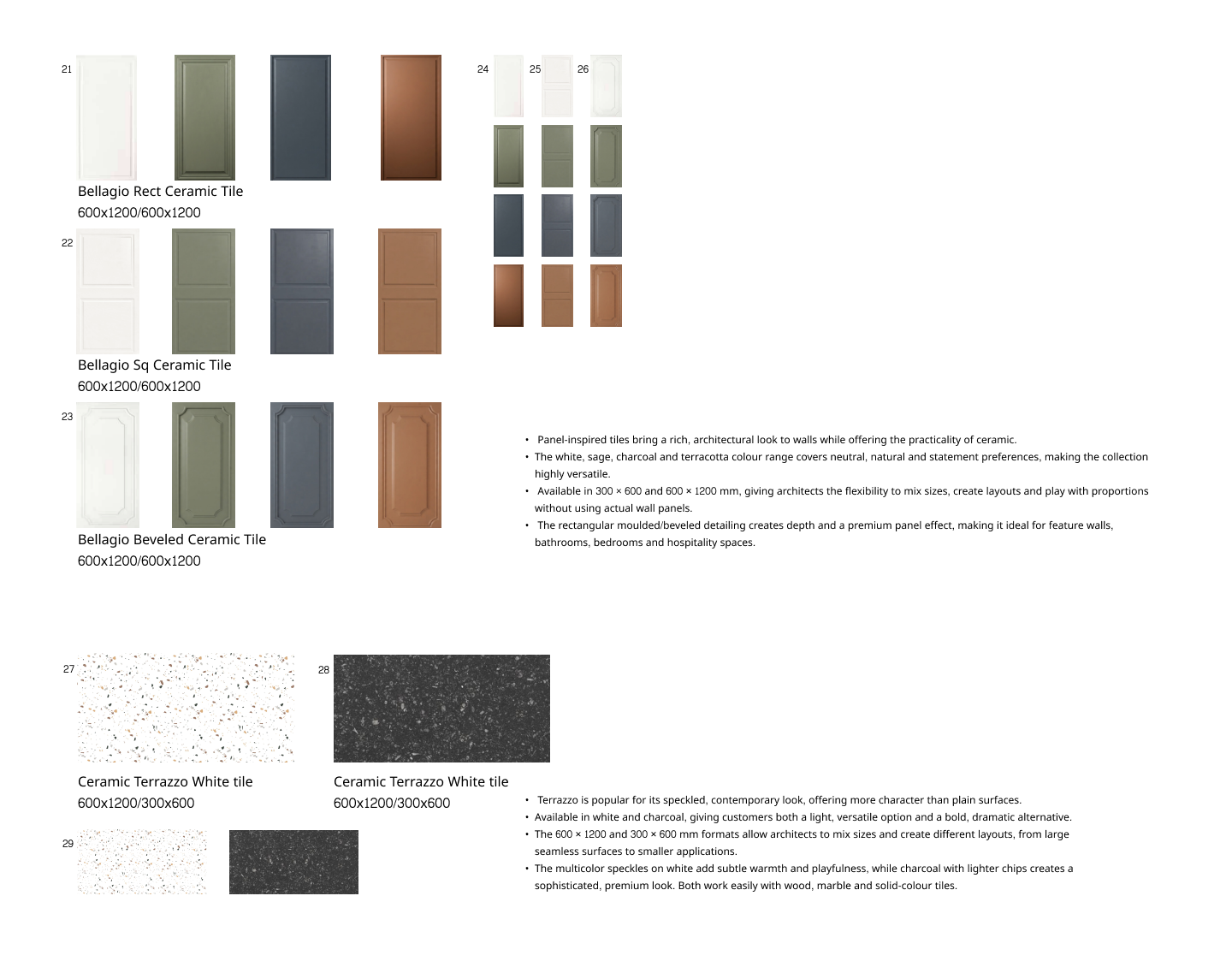 Selected tiles 21 to 29: Bellagio panel tiles and terrazzo